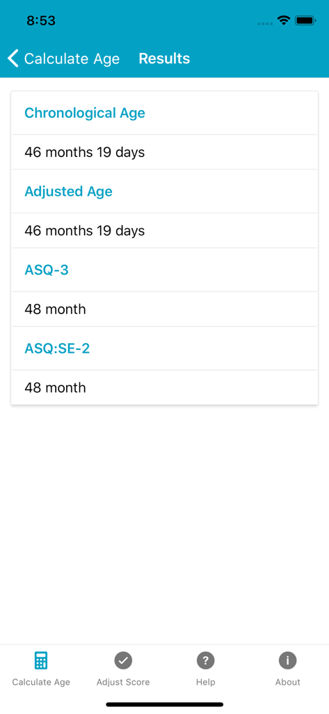 Results screen of the ASQ Age and Score Calculator app showing calculated age and recommended ASQ-3 and ASQ SE-2 questionnaire intervals