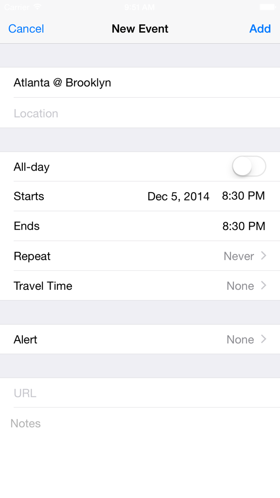 Basketball Games - 애틀랜타 대 브루클린을 보여주는 새로운 농구 경기 이벤트를 추가하기 위한 iOS 캘린더 화면