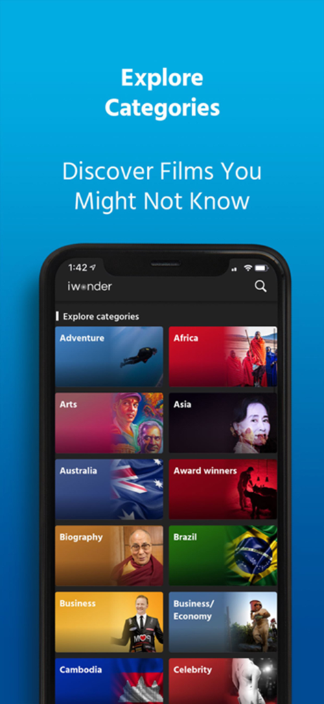iwonder: watch documentaries - 어드벤처, 예술, 전기를 포함한 장르를 보여주는 iwonder 다큐멘터리 앱의 카테고리 탐색 화면.