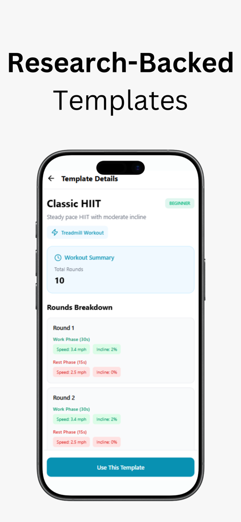 Interval Timer Loop app showing a Classic HIIT treadmill workout template with specific speed and incline settings for each round