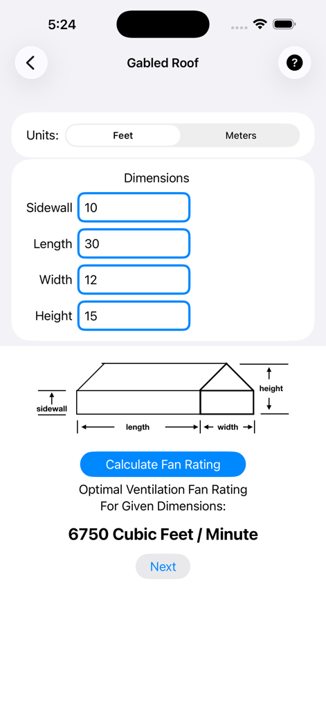 Greenhouse Planner - Greenhouse Planner app interface showing dimensions input and ventilation fan rating calculation for a gabled roof greenhouse