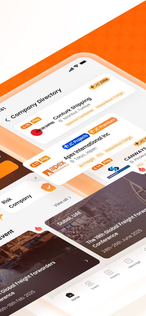Écran de l'application JCtrans affichant les entreprises de transit mondial et les conférences logistiques