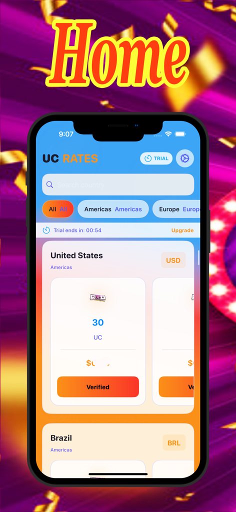 UC Calculator for PUBG - Home screen of the UC Calculator app displaying regional PUBG UC rates and currency prices for the United States and Brazil