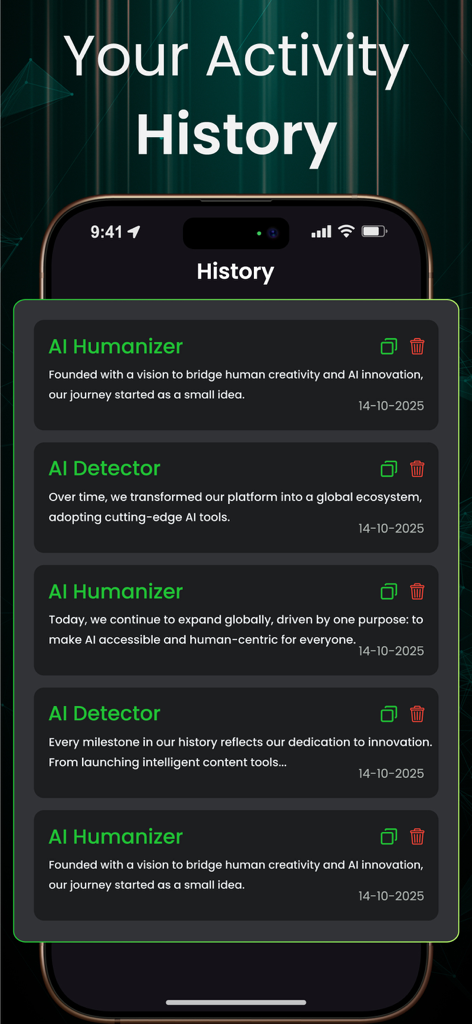 Tela de histórico de atividades exibindo uma lista de tarefas anteriores de humanizador e detector de IA com datas