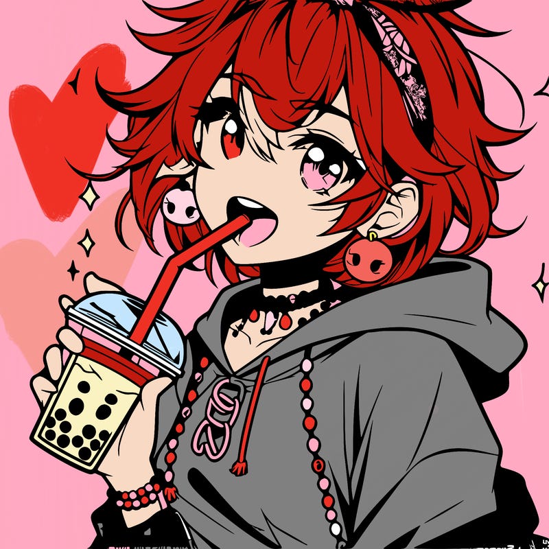 hot baddie anime girl drinking boba and biting the straw