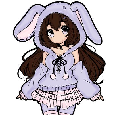 pretty anime girl wearing a fluffy hoodie with bunny ears on the hood and a skirt