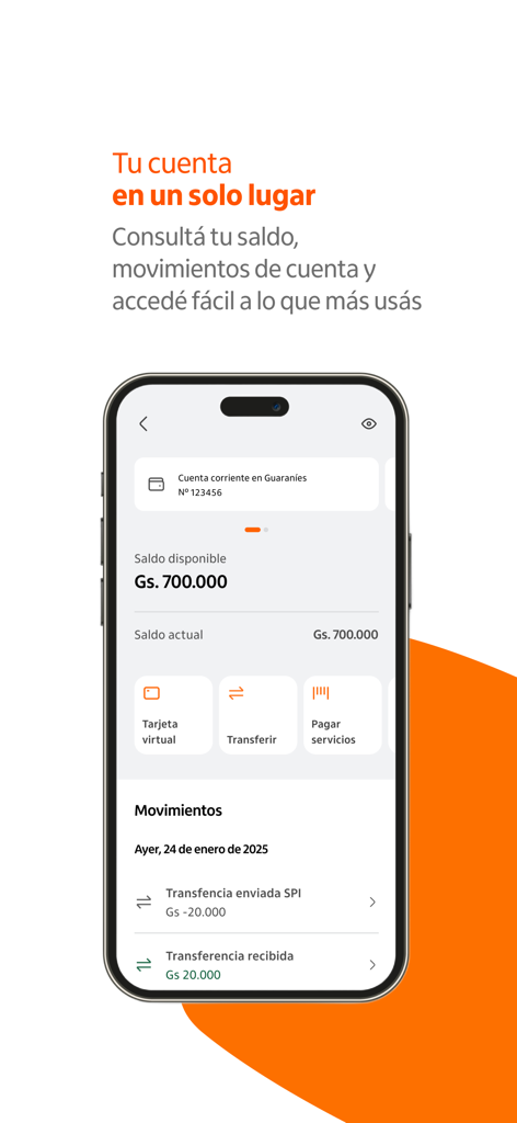 Itaú Paraguay - Interfaz de la aplicación móvil Itaú Paraguay que muestra el saldo de la cuenta y el historial de transacciones.