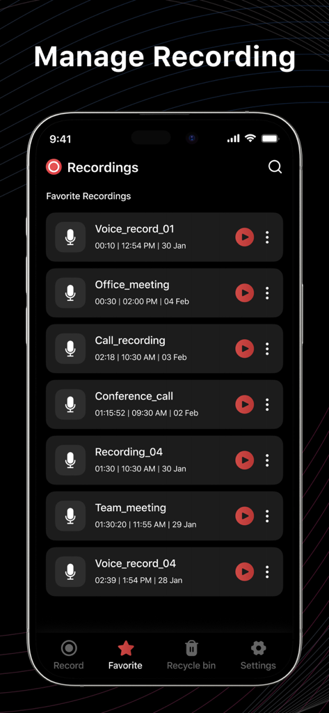 Voice Recorder : Voice Memos - Pantalla de smartphone mostrando una lista de notas de voz favoritas, incluidas reuniones y llamadas, dentro de la interfaz de la app Grabadora de Voz