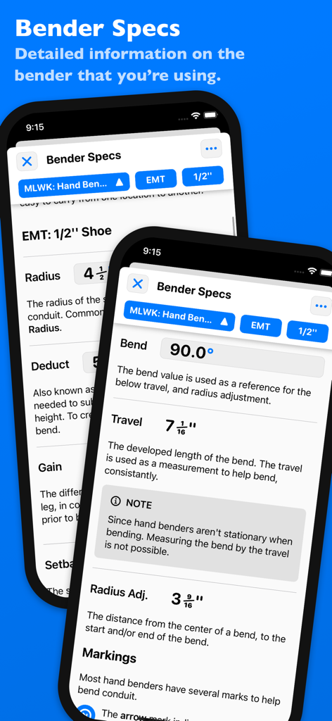 QuickBend app screens showing detailed conduit bender specifications and measurements