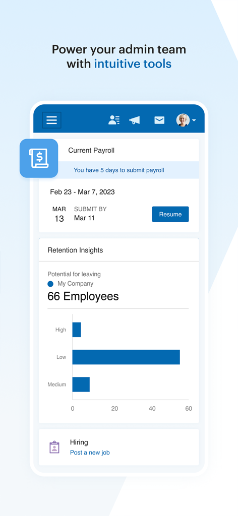 Paychex Flex - Interface of the Paychex Flex app for employers displaying payroll status and retention analytics.