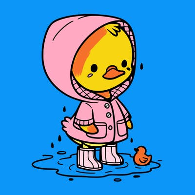 baby duck in a rain coat and boots, in a puddle while it’s raining