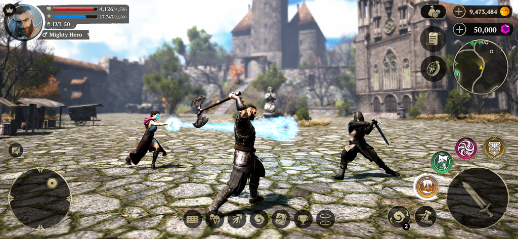 Evil Lands: Epic MMORPG game - Personaggi di Evil Lands MMORPG combattono in una piazza cittadina con grafica di alta qualità