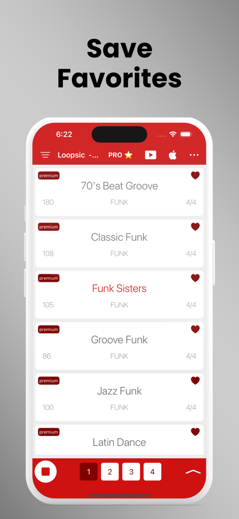 Loopsic - Best Drum Loops - Interface do aplicativo Loopsic mostrando uma lista de batidas de bateria favoritas de funk e jazz com ícones de coração.