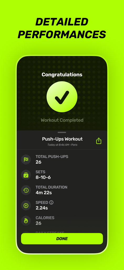 A workout summary screen from the Puuush app showing detailed push up statistics like total reps sets and duration