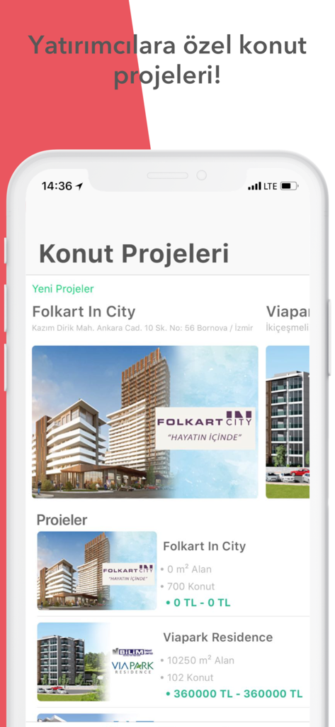 Emlaksitem | Emlak İlanları - Emlaksitem app interface showing Turkish housing projects for investors
