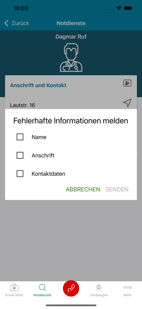 Kindernotfall-App - Pop-up no Kindernotfall-App para relatar nome ou endereço incorreto de um médico na seção de serviços de emergência.