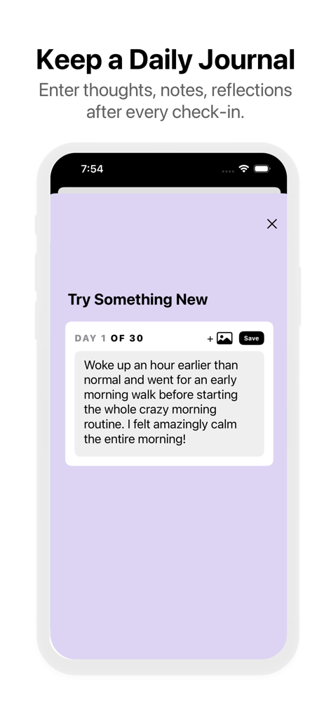 90 Day Challenge : Day by Day - Daily journal screen in the 90 Day Challenge app for tracking progress and thoughts