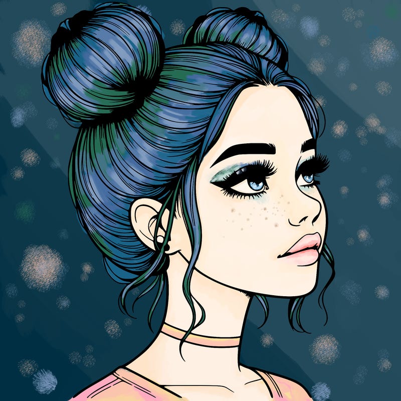 realistic girl with buns on the top of her head