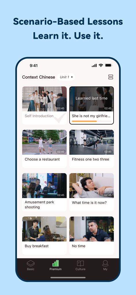 Chinesia - AI Learn Chinese - Chinesia app interface displaying a variety of real life scenario based Chinese language video lessons