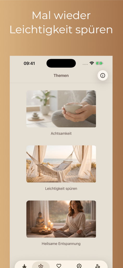 Entspann dich app menu showing categories for mindfulness and healing relaxation