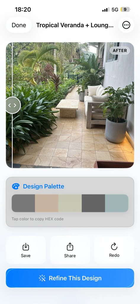 Room Lift - Room Lift App zeigt eine tropische Veranda-Neugestaltung und ihre extrahierte Farbpalette.