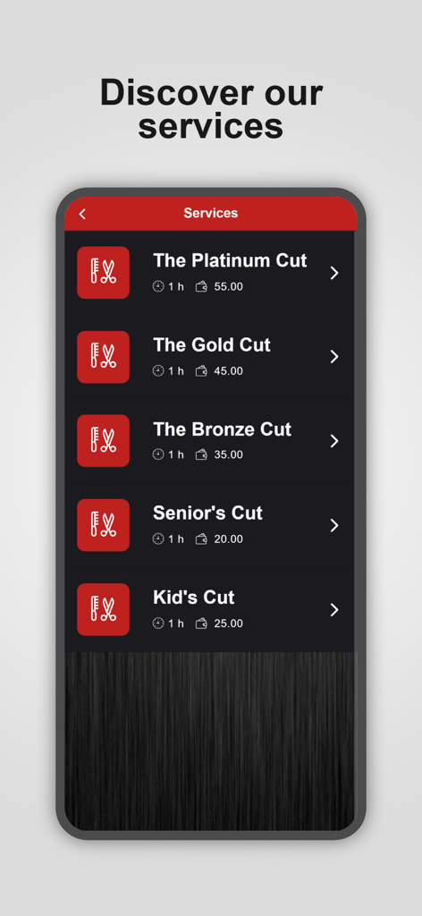 Platinum Cuts Barbershop - Dienstleistungsmenü der Platinum Cuts Barbershop-App mit Haarschnittoptionen und Preisen
