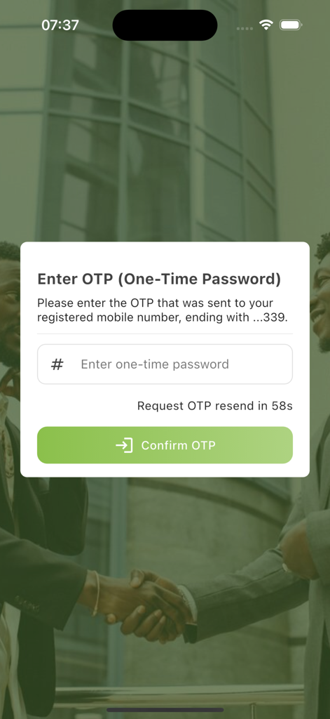 Salutem - Tela de verificação de código de acesso único do aplicativo Salutem para login seguro do usuário.
