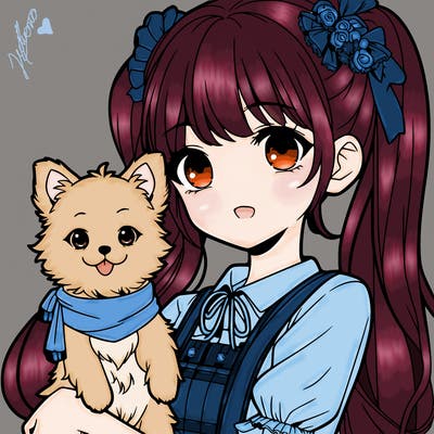 anime girl and her beautiful little dog