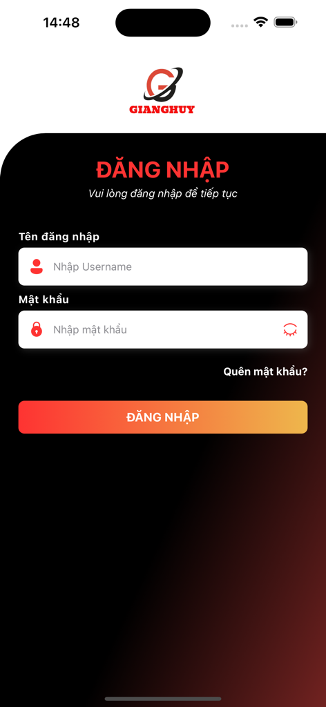Login interface for Giang Huy Pro logistics tracking app
