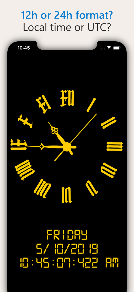 AtomicClock app interface showing a yellow analog clock face and precise digital time