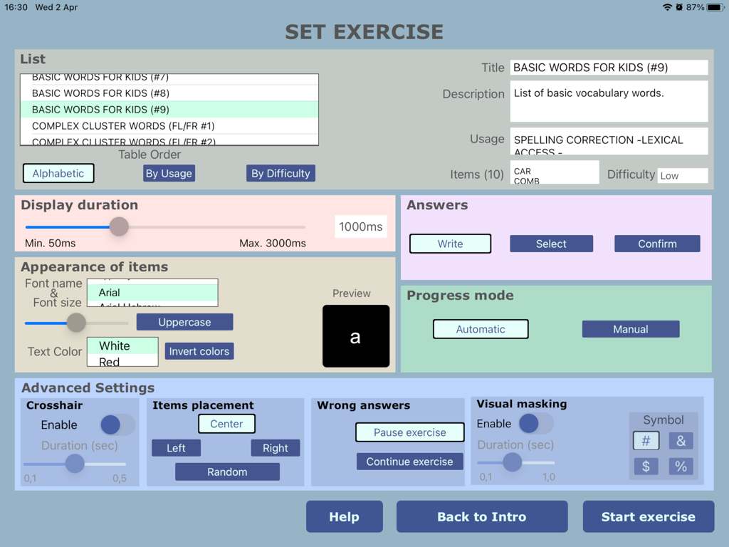 Exercise configuration interface of the Instant Reading app showing settings for word lists, display timing, and visual parameters.