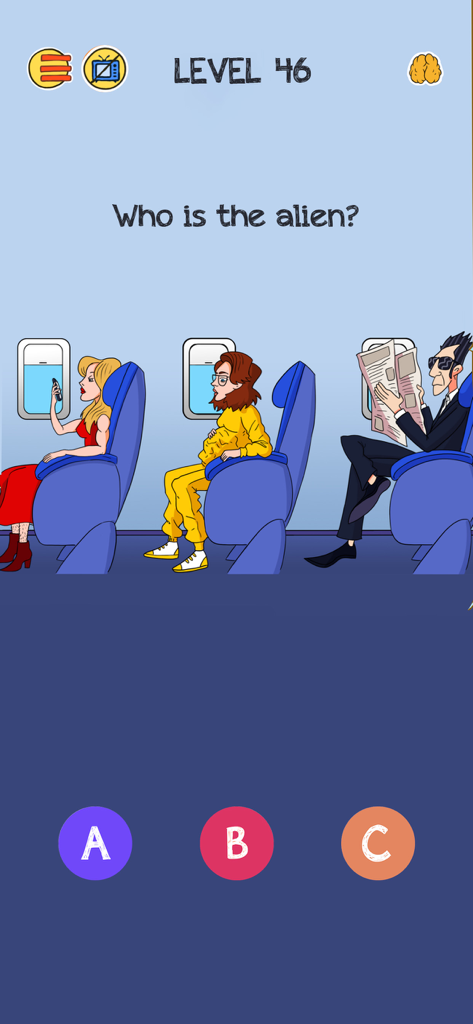 Brain Who? Tricky Riddle Tests - Um quebra-cabeça de charada de Brain Who perguntando quem é o alienígena entre três passageiros de avião
