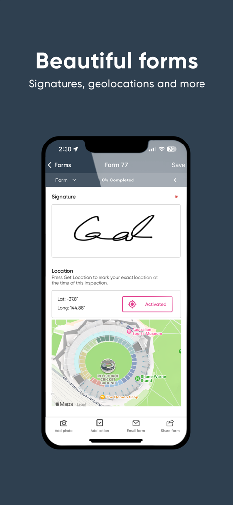 Ideagen EHS Core - Ideagen EHS Core mobile app displaying a safety form with a digital signature and geolocation