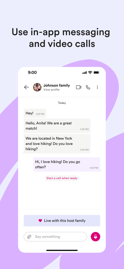 Cultural Care - Au Pair - Interfaccia di messaggistica dell'app Cultural Care Au Pair che mostra una chat con una potenziale famiglia ospitante a New York.