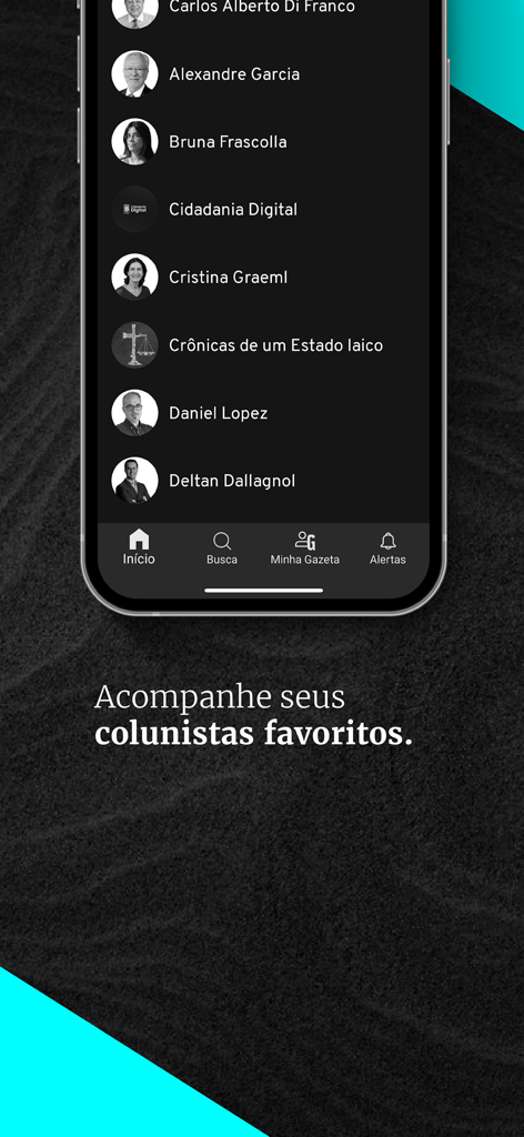 Gazeta do Povo - A list of famous Brazilian columnists in the Gazeta do Povo news app interface.