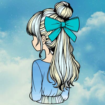 realistic girl  with hip length hair a bun and a big bow on the back of head