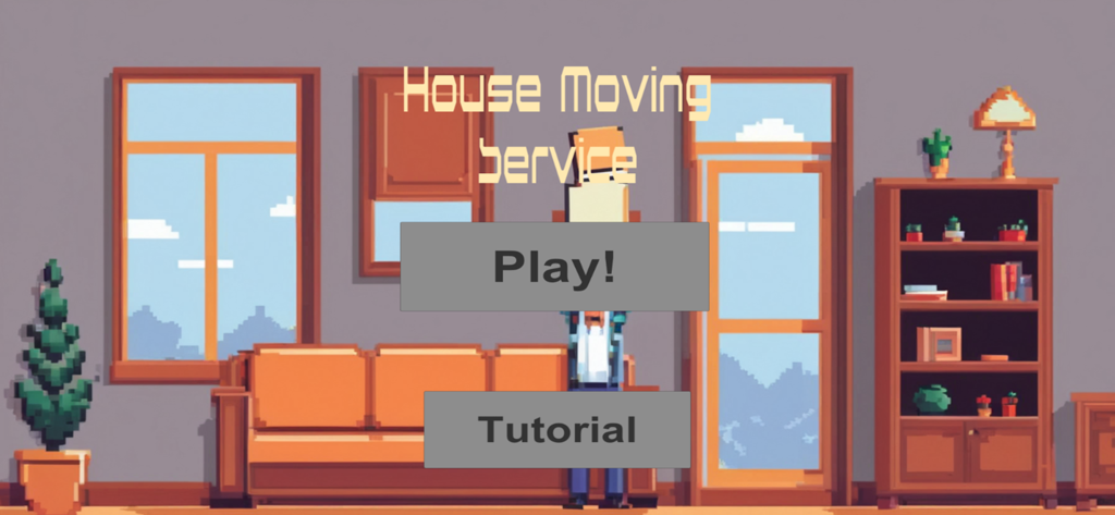 House Moving Service - 이사 서비스 모바일 게임 메인 메뉴 화면, 픽셀 아트 거실에 플레이 및 튜토리얼 버튼 표시