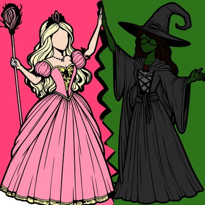 detailed realistic split of a princess and a witch