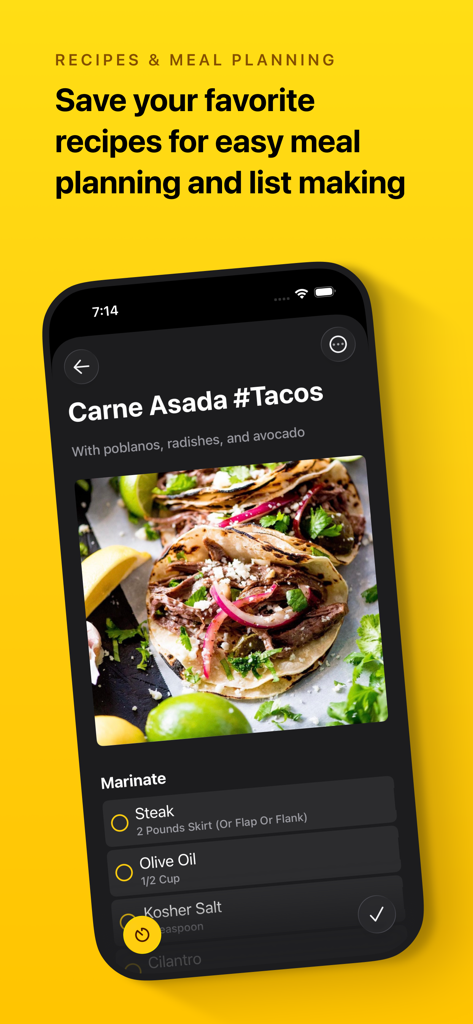 Grocery - Smart Shopping List - Captura de pantalla de la aplicación Grocery que muestra una receta de Carne Asada Tacos con ingredientes para la planificación de comidas.