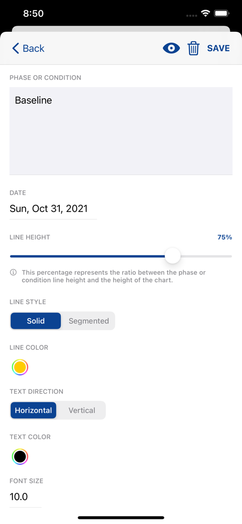 AimStar Pro - Phase and condition settings screen in the AimStar Pro app for chart customization