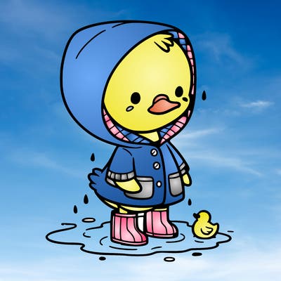 baby duck in a rain coat and boots, in a puddle while it’s raining