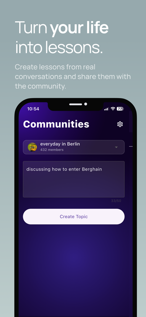OGIMA Social Language Learning - OGIMA app screen showing a community for learning everyday German in Berlin with a custom topic creation button