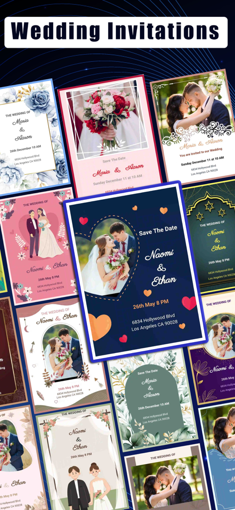 Invitation Maker: Card Design - Une collection de modèles professionnels d'invitations de mariage avec différents designs et photos.