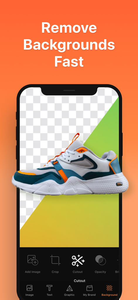 Screenshot dell'app Conic Logo Maker che mostra lo strumento di rimozione dello sfondo su un'immagine di una scarpa da ginnastica