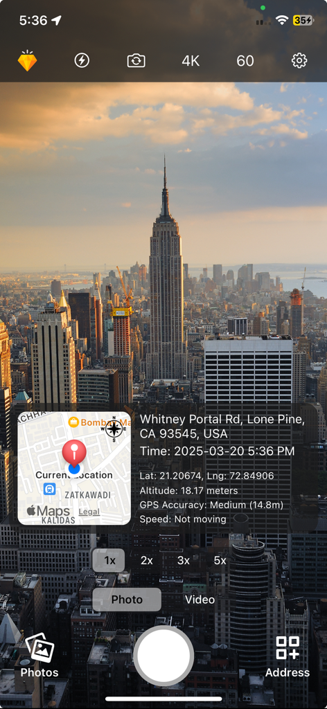 GPS Map Camera & Timestamp Cam - Smartphone screen showing GPS Map Camera app with a city skyline and data-rich location timestamp overlay