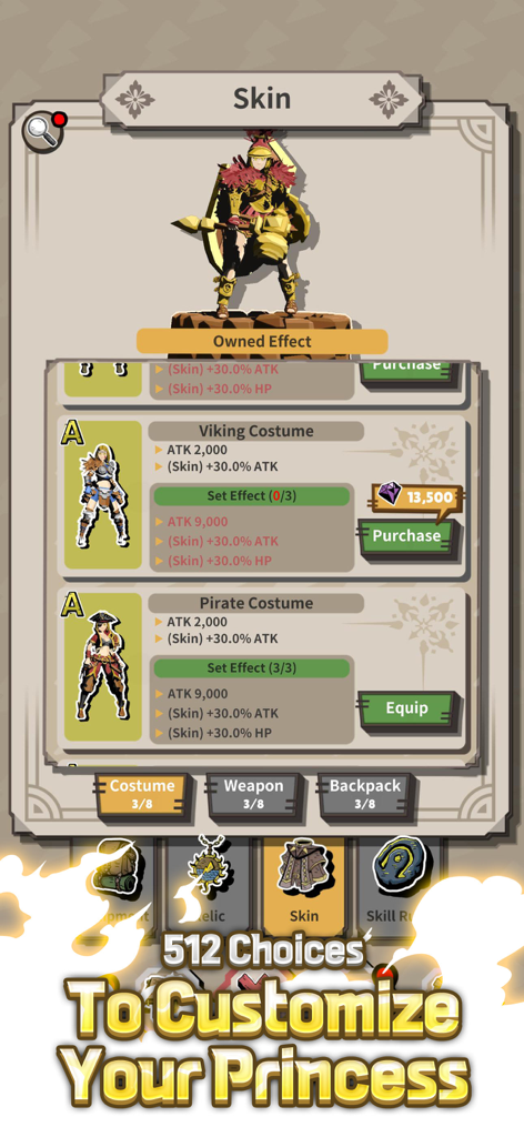 Lightning Princess: Idle RPG - Screen showing character skin customization options in Lightning Princess with Viking and Pirate costumes