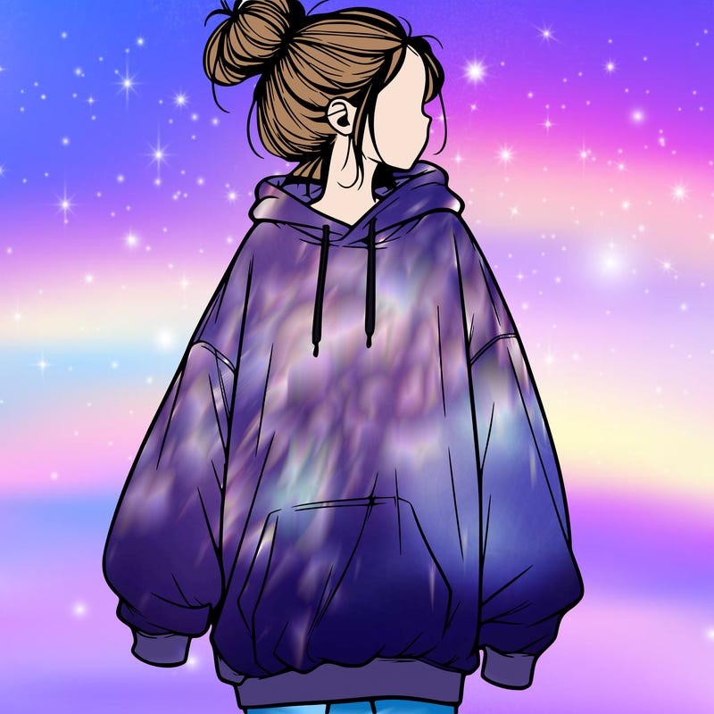 realistic girl with a oversized sweatshirt on and a bun