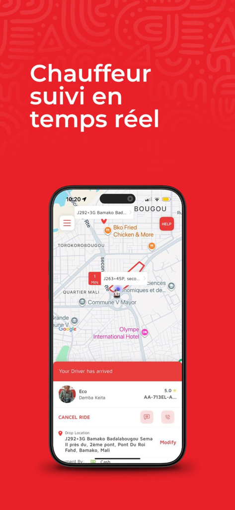 MOUV. - MOUV app interface showing real-time driver tracking on a map with driver information and ride details.