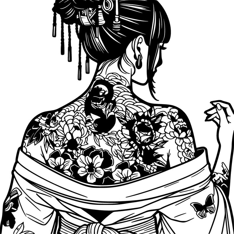 a realistic japanese woman covered in tattoos showing her back