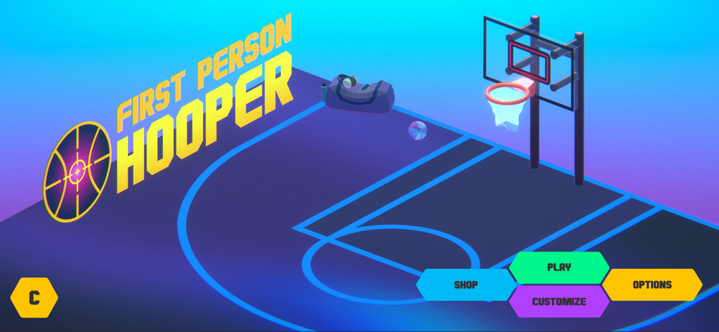 First Person Hooper - Main menu of the First Person Hooper mobile game featuring a stylized neon basketball court and game navigation buttons